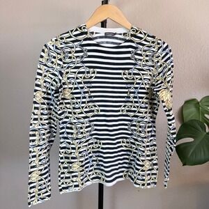 J.McLaughlin Womens Small Striped Baroque Print Long Sleeve Knit Top Black White